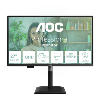 Frontalansicht des AOC Q27P4U Monitors mit schlankem Rahmen, schwarzem Standfuß und eingeblendeten Produktspezifikationen auf dem Display.