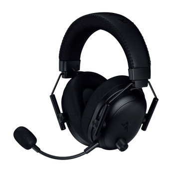 Razer BlackShark V3 Pro Gaming-Headset in seitlicher Schrägansicht mit gepolstertem Kopfbügel, Ohrmuscheln aus Stoff und abnehmbarem Mikrofon.