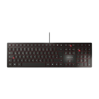 Frontalansicht der flachen Cherry KC 6000 Slim Tastatur im schwarzen Design mit deutschem QWERTZ-Layout und kabelgebundenem Anschluss.
