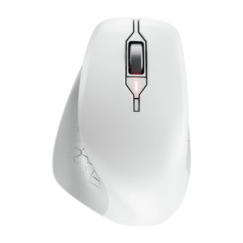 Draufsicht der weißen Cherry Stream Mouse Comfort mit einem mittig platzierten Scrollrad und einer leuchtenden Status-LED.