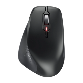 Draufsicht der schwarzen Cherry Stream Mouse Comfort mit silbernem Scrollrad und leuchtender roter Status-LED zwischen den Maustasten.