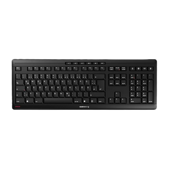 Draufsicht der schwarzen, kabellosen Cherry STREAM Tastatur mit deutschem QWERTZ-Layout, Ziffernblock und dedizierten Medientasten.