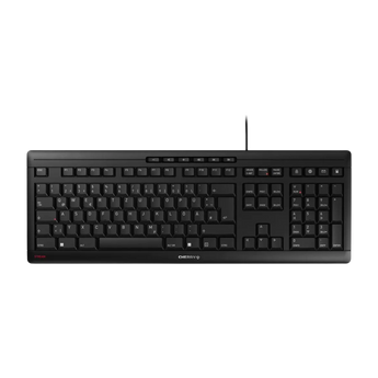 Draufsicht auf die kabelgebundene schwarze Cherry STREAM Tastatur im QWERTZ-Layout mit integriertem Nummernblock und Multimedia-Tasten.