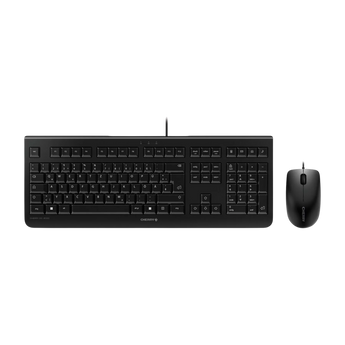 Frontalansicht des Cherry DC 2000 Sets bestehend aus einer kabelgebundenen, schwarzen Tastatur im deutschen Layout und einer passenden Computermaus.