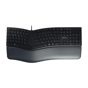Frontalansicht der ergonomischen, geschwungenen Cherry KC 4500 ERGO Tastatur mit deutschem Tastenlayout und integrierter Handballenauflage.
