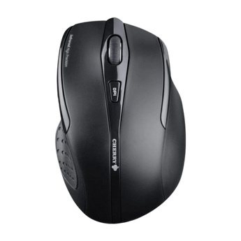Schrägansicht von oben auf die schwarze kabellose Cherry MW 3000 Maus mit Mausrad, DPI-Taste und Markenlogo auf der Oberseite.