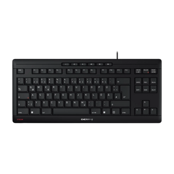 Frontalansicht der schwarzen Cherry STREAM Keyboard TKL Tastatur mit deutschem QWERTZ-Layout und oberer Multimedia-Leiste.