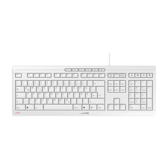 Frontalansicht der weißen Cherry STREAM Tastatur im kabelgebundenen Full-Size-Layout mit deutschem QWERTZ-Tastenfeld.
