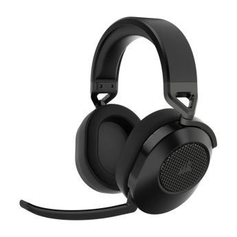 Schrägansicht des schwarzen Corsair HS65 Wireless Gaming-Headsets mit gepolstertem Kopfbügel, Ohrmuscheln aus Stoff und klappbarem Mikrofonarm.