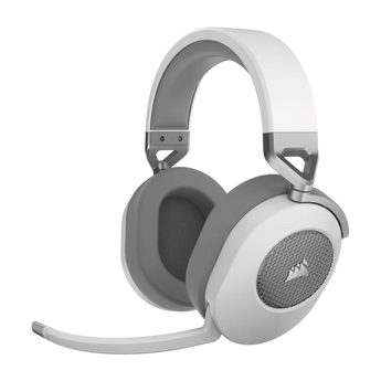 Schrägansicht der Corsair HS65 Wireless Gaming-Headsets in Weiß mit grauem Kopfpolster, Ohrmuscheln und ausklappbarem Mikrofonarm.