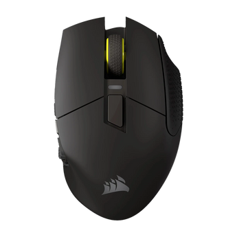 Draufsicht der schwarzen Corsair SCIMITAR ELITE Wireless SE Gaming-Maus mit gelbem Mausrad und seitlichem Tastenfeld.