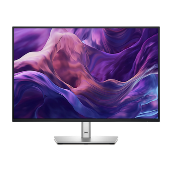 Frontalansicht des Dell Pro Plus P2425 Monitors mit schlankem schwarzen Rahmen und silbernem Standfuß auf dem Schreibtisch.