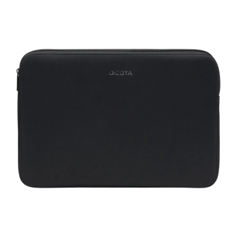 Frontalansicht der schwarzen Dicota Perfect Skin Laptophülle mit abgerundeten Ecken, mittigem Markenlogo und umlaufendem Reißverschluss.