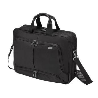 Schrägansicht der schwarzen Dicota Eco Top Traveller PRO Laptoptasche mit Tragegriffen, Reißverschlussfächern und verstellbarem Schultergurt.