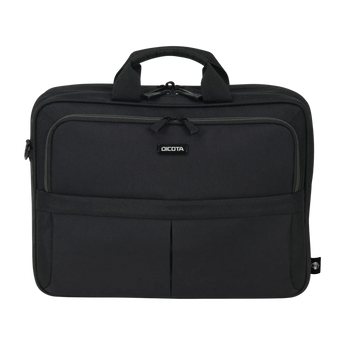Frontalansicht der schwarzen Dicota Eco Top Traveller SCALE Laptoptasche mit Tragegriffen, Reißverschlussfächern und Markenlogo.