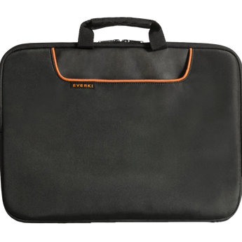 Frontalansicht einer schwarzen Everki Sleeve Laptoptasche mit Tragegriff und kontrastierender oranger Paspelierung an der Fronttasche.
