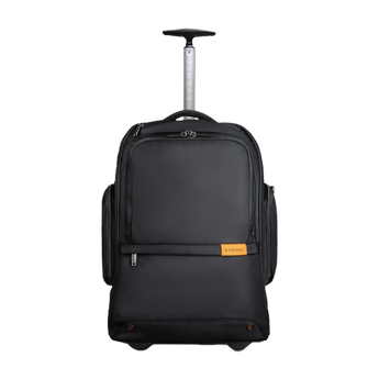Frontalansicht des schwarzen Everki Wheeled 123 Rucksacks mit ausgezogenem Teleskopgriff und seitlichen Fächern.