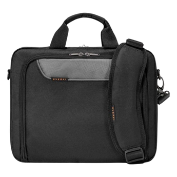 Frontalansicht der schwarzen Everki Advance Laptoptasche mit Tragegriffen, Schultergurt und grauem Frontfach-Detail.