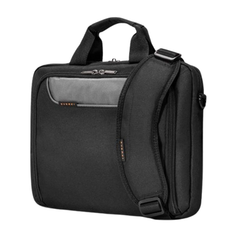 Schrägansicht der schwarzen Everki Advance Laptoptasche mit Tragegriffen, verstellbarem Schultergurt und einem grauen Frontfach.