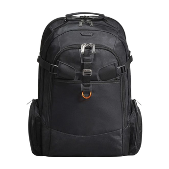 Frontalansicht des schwarzen Everki Business 120 Rucksacks mit mehreren Reißverschlussfächern, seitlichen Taschen und einem markanten orangen Ring.