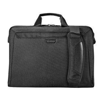Frontalansicht der schwarzen Everki Lunar Laptoptasche mit zwei Tragegriffen und einem gepolsterten Schultergurt.