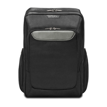 Frontalansicht des schwarzen Everki Advance Rucksacks mit silbernen Reißverschlüssen und einem hellgrauen Akzentfach auf der Vorderseite.