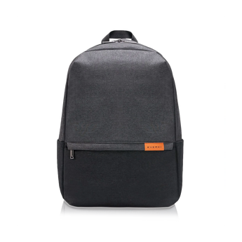 Frontalansicht des dunkelgrauen Everki Everyday Rucksacks mit zweigeteilter Optik, Reißverschlussfach und orangefarbenem Markenlogo.