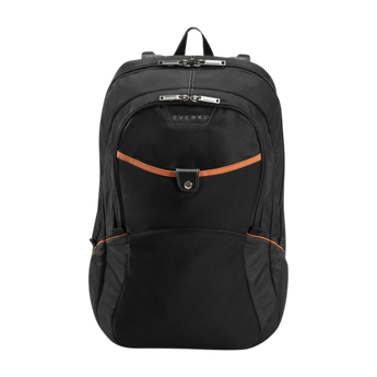 Frontalansicht des schwarzen Everki Glide Rucksacks mit orangefarbenen Akzenten, Laptop-Fach und einer verschließbaren Vortasche.