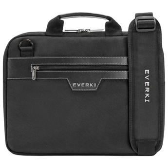 Frontalansicht der schwarzen Everki Business 414 Laptoptasche mit Tragegriff, Reißverschlussfach und seitlich angebrachtem, gepolstertem Schultergurt.