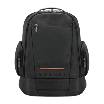 Frontalansicht des schwarzen Everki ContemPRO 117 Rucksacks mit seitlichen Reißverschlussfächern, oberer Fronttasche und orangefarbenem Akzent.