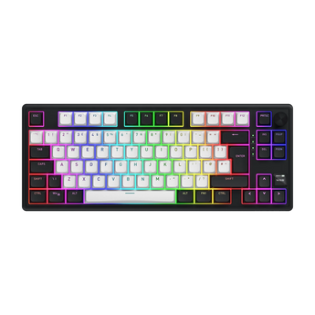 Frontalansicht der HATOR Skyfall 80 MAG ULTIMA 8k Wireless Gaming-Tastatur mit schwarzem Gehäuse, weißen Tasten und RGB-Tastenbeleuchtung.