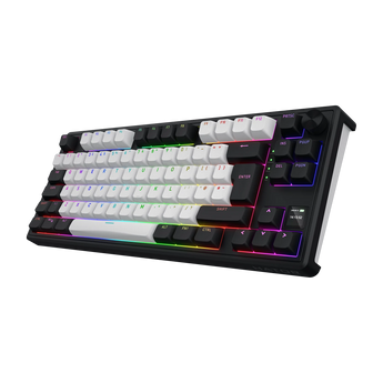 Schrägansicht der Hator Skyfall 80 MAG ULTIMA 8k Wireless Gaming-Tastatur mit schwarz-weißer Tastenbelegung, RGB-Beleuchtung und Display.
