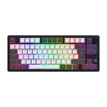 Draufsicht der HATOR Skyfall 80 Pro Gaming-Tastatur mit schwarz-weißer Tastenbelegung, RGB-Beleuchtung und kleinem Display an der rechten Seite.