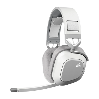 Corsair HS80 MAX Wireless Gaming-Headset in Weiß mit ausklappbarem Mikrofon in einer leicht seitlichen Perspektive von schräg vorn.