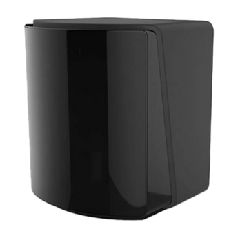 Schrägansicht der schwarzen HTC VIVE SteamVR Basisstation 2.0 mit glänzender, gewölbter Frontpartie und mattem Gehäuse.