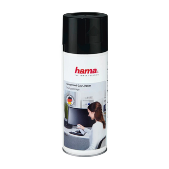 Frontalansicht einer Hama Druckluftspray-Dose mit schwarzer Verschlusskappe und weißem Etikett inklusive Anwendungsbeispiel zur Tastaturreinigung.