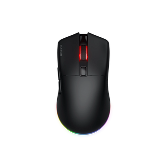 Draufsicht auf die schwarze Hator Pulsar 3 Wireless Gaming-Maus mit rotem Scrollrad-Licht und RGB-Beleuchtung am unteren Rand.