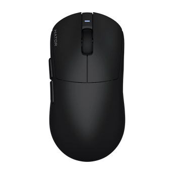Draufsicht der schwarzen HATOR Quasar 3S ULTIMA 8K Wireless Gaming-Maus mit zwei Seitentasten, Scrollrad und zentralem LED-Indikator.
