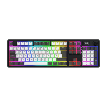 Frontalansicht der schwarzen HATOR Skyfall 100 Pro Tastatur mit weißem Tasten-Layout, RGB-Beleuchtung, Display und Drehregler.