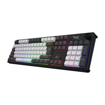 Schrägansicht der mechanischen HATOR Skyfall 100 Pro Tastatur mit schwarz-weißer Tastenanordnung, RGB-Beleuchtung, Display und Drehregler.