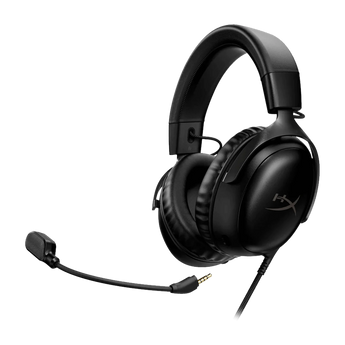 Schrägansicht des schwarzen Gaming-Headsets HyperX Cloud III mit abnehmbarem Mikrofon und kabelgebundenem Anschluss.