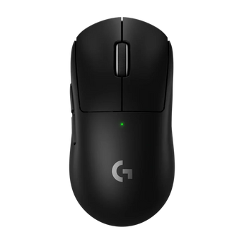Logitech G Pro X Superlight 2c in schwarzer Draufsicht mit mittigem Mausrad, zwei Haupttasten und leuchtender Status-LED sowie G-Logo.