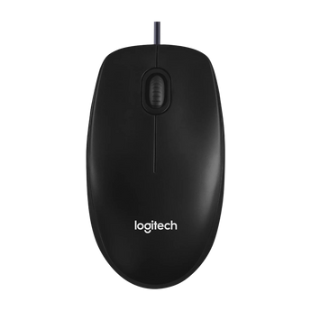 Draufsicht der schwarzen, kabelgebundenen Logitech M100 Computermaus mit zentralem Scrollrad und Hersteller-Logo im unteren Bereich.