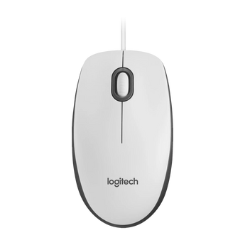 Draufsicht der kabelgebundenen Logitech M100 Maus in Weiß mit zentralem Mausrad und mittig platziertem Herstellerlogo.