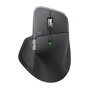 Draufsicht auf die ergonomische Logitech MX Master 4 Maus in Dunkelgrau mit seitlichem Daumenrad, Scrollrad und leuchtender Status-LED.