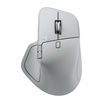 Logitech MX Master 4 in hellgrauer Draufsicht mit Fokus auf Daumenrad, Scrollrad, Seitentasten und der grün leuchtenden Status-LED.