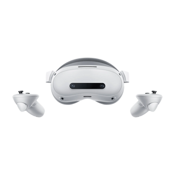 PICO 4 Ultra Enterprise VR-Headset in Frontalansicht mit zwei dazugehörigen Controllern, die links und rechts des Headsets angeordnet sind.