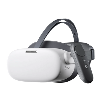 Schrägansicht des PICO G3 Plus VR-Headsets mit weißer Frontblende, grauem Kopfband und einem schwarzen Hand-Controller.