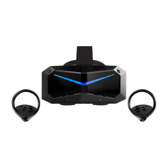 Frontalansicht des Pimax Crystal Super Ultrawide VR-Headsets mit blau beleuchtetem V-förmigem Design und zwei dazugehörigen Hand-Controllern.