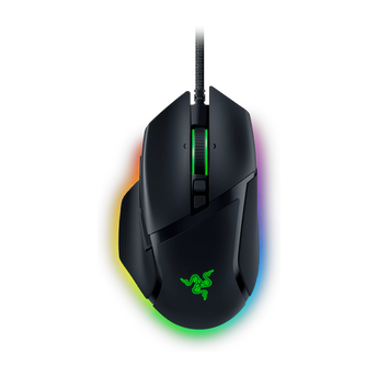Razer Basilisk V3 Gaming-Maus in Draufsicht mit beleuchtetem Mausrad, leuchtendem Logo und seitlicher RGB-Beleuchtung sowie USB-Kabelanschluss.